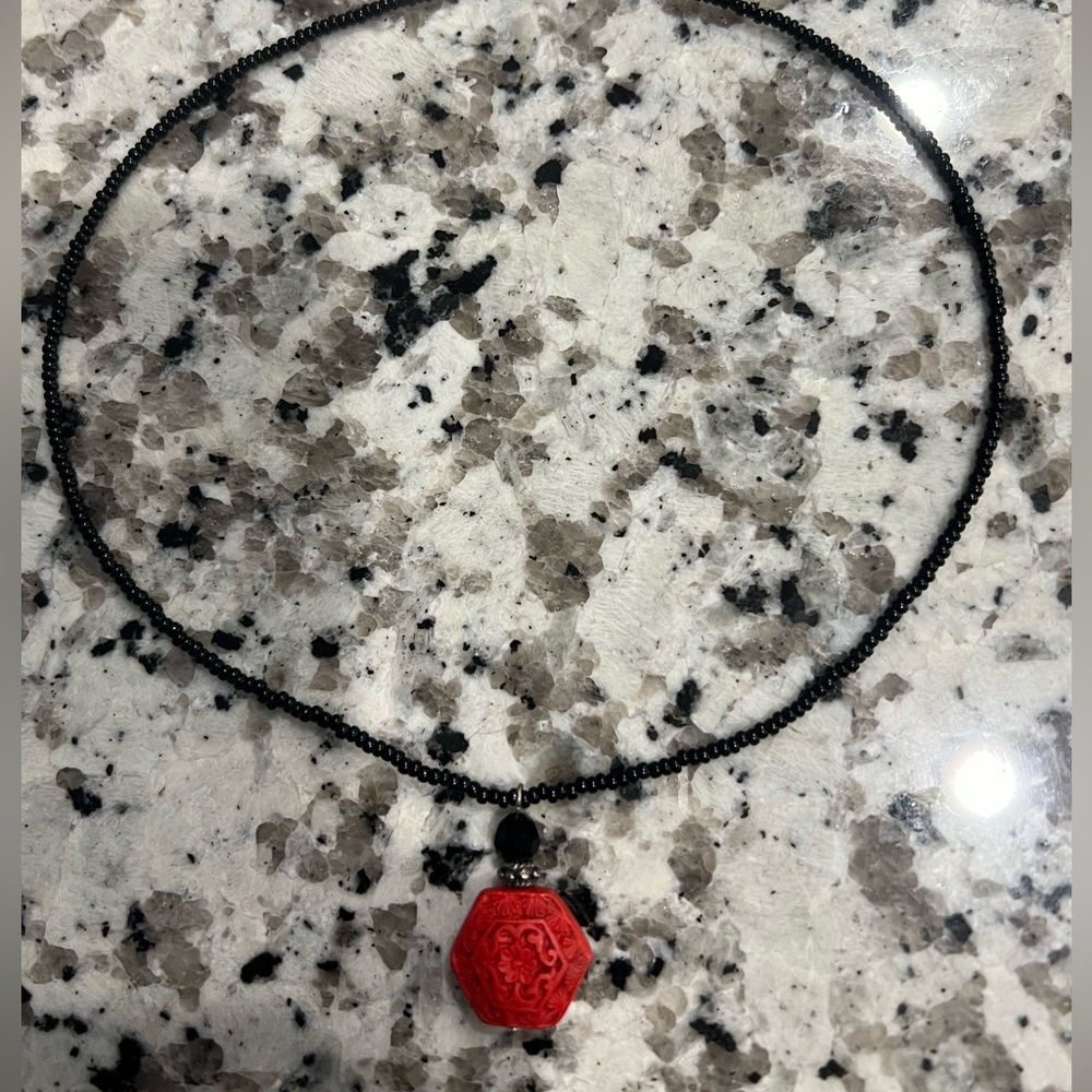 Red Cinnabar Pendant Black beaded Necklace